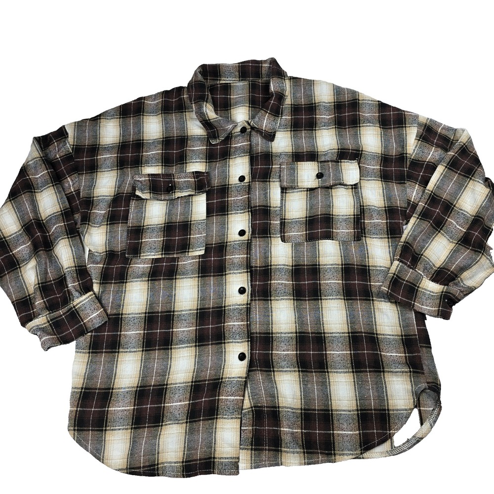 Romwe Shirt Womens Small Brown Beige Plaid Flannel Button Up Long Sleeve Pockets